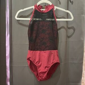 Elegant Black and Maroon Lace Leotard